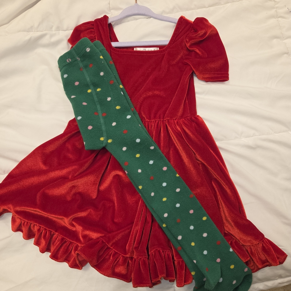 Red Velvet Kids Costume Dress with Green Polka Dot Tights